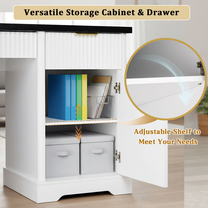 Modern Fluted Office Desk With Storage Cabinet
