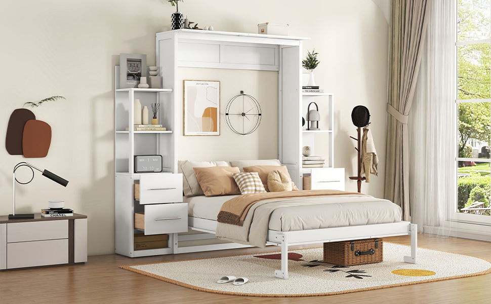 Murphy Wall Bed With Shelves, Drawers And LED Lights