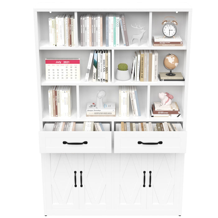 Bookcase Tall With 2 Doors & 2 Drawers, Fixed Open Shelves - White
