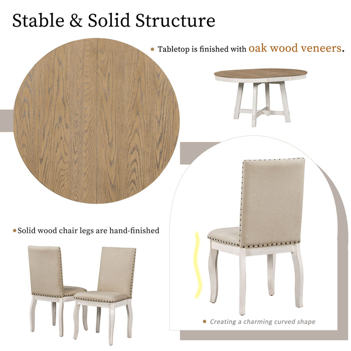 Round Extendable Dining Table Set With 4 Upholstered Chairs