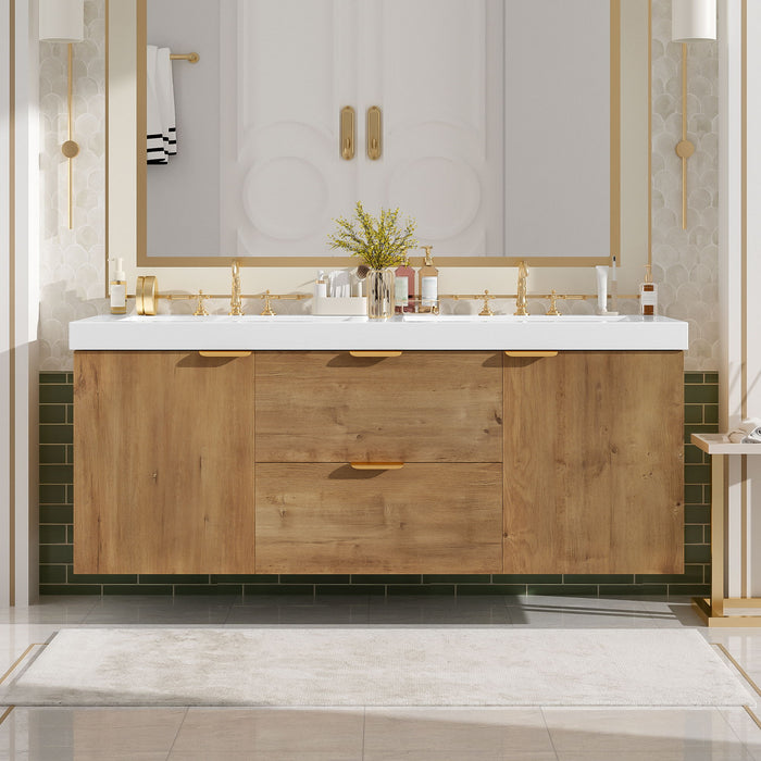 Double Sink Bathroom Vanity Soft Close Doors, Divided Drawers, Wall Mounted - Wood