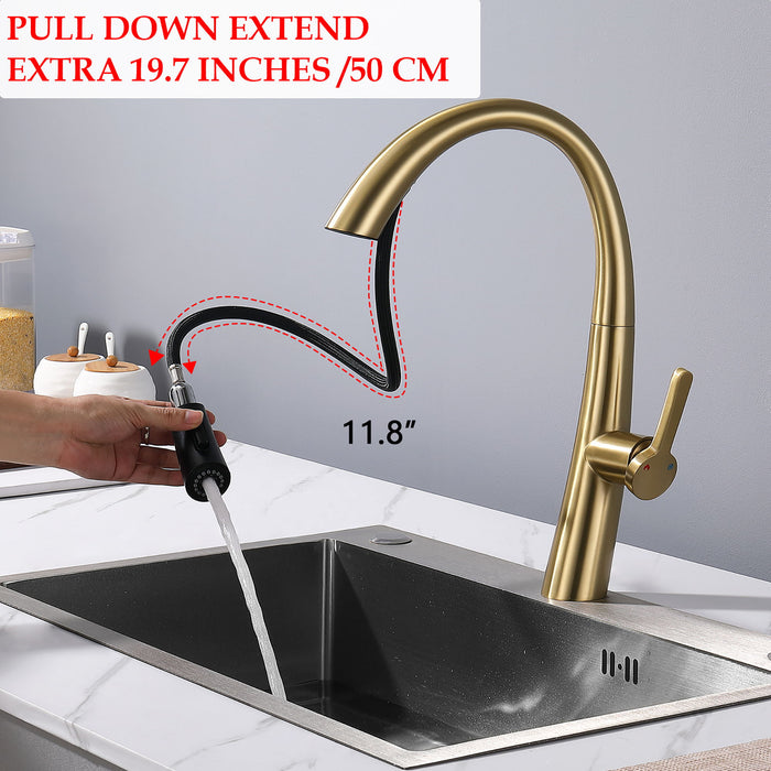 Elegant Single Handle Stainless Steel Pull Out Kitchen Faucet With High Arch Spout