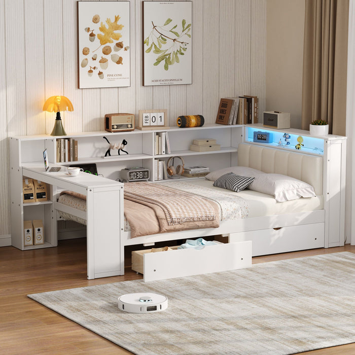 Platform Bed With Upholstered Headboard, Storage Shelves, Drawers, Charging Station, LED Lighting, Built In Desk
