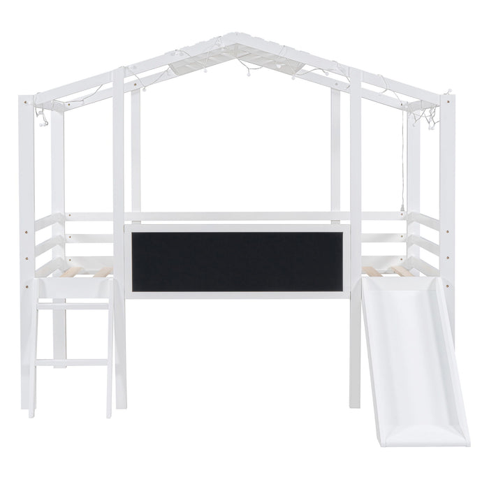 Loft House Bed With Ladder And Slide, With Blackboard And Light Strip On The Roof