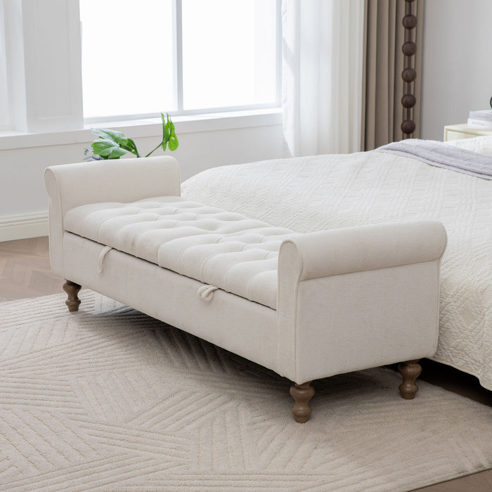 Modern Upholstered Storage Bench With Rolled Armrests]