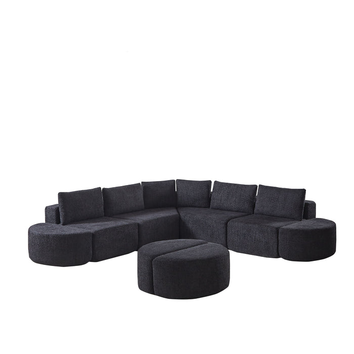 Modular Sectional Sofa With 6 Pillows And 4 Curved Footstools For Living Rooms - Black
