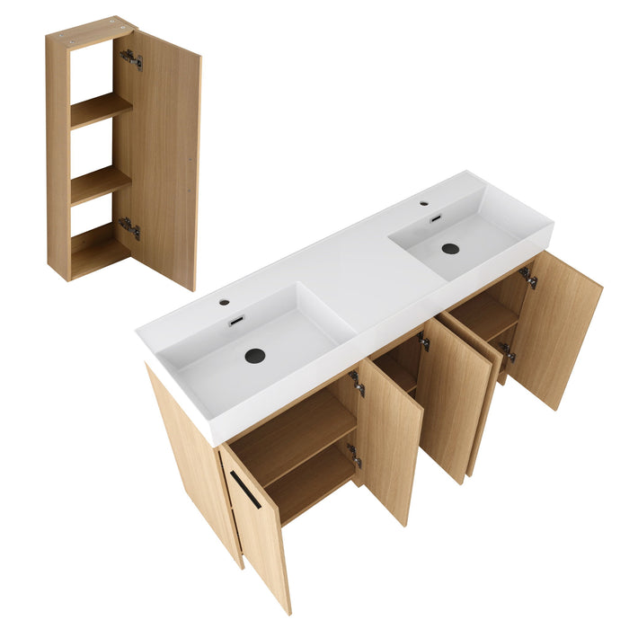 Double Sink Bathroom Vanity Set With Tall Linen Cabinet, Extra Large Storage, Integrated Sink, Freestanding Cabinet - Light Oak / White