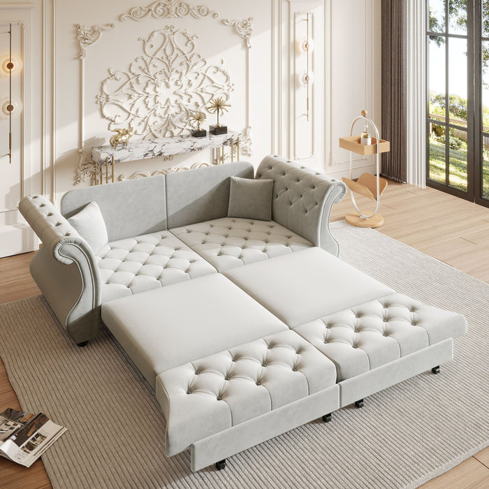 Oversized Chesterfield Pull Out Sofa Bed, Roll Arm Couch With Flower Tufting For Living Room