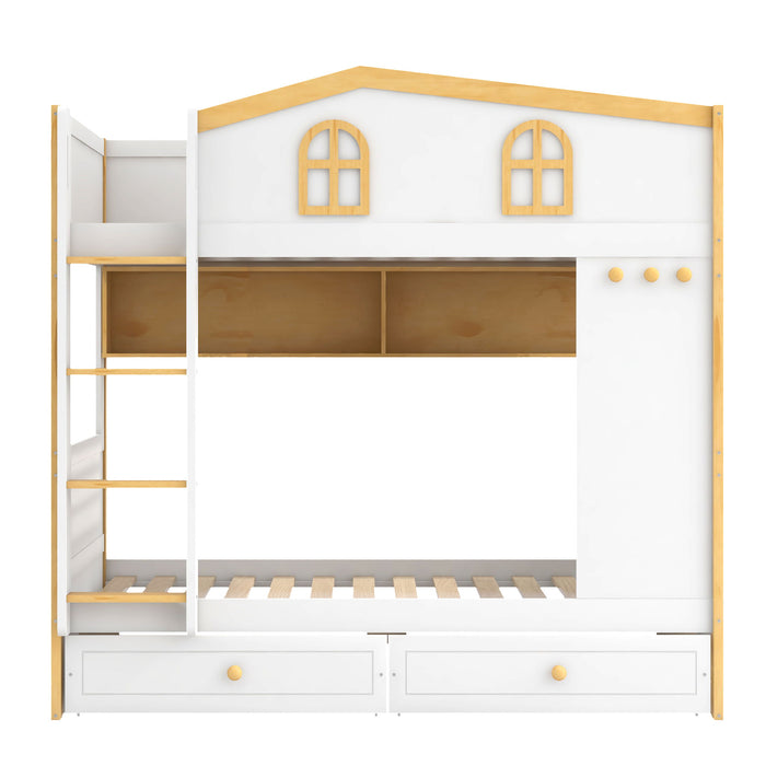 Twin Over Twin Bunk Bed With House Shaped Guardrails, Storage Shelves & Drawers - White / Natural