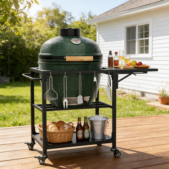 Outdoor Grill Table, Prep Cart With Wheels, Storage Shelf And Hooks - Black