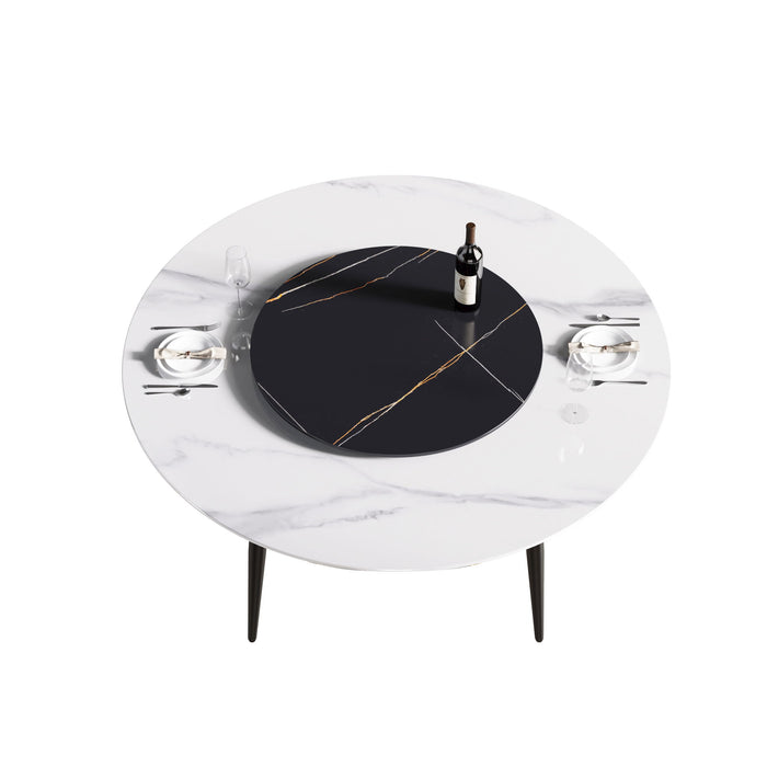 59.05" Modern Artificial Stone Round Metal Dining Table, Can Accommodate 6 People, Artificial Stone Turntable - Black / White