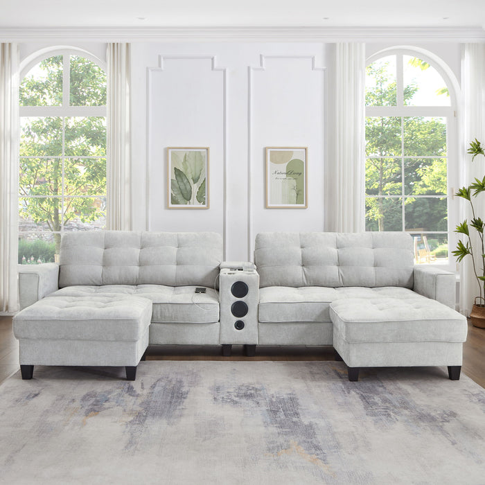 Modern Sectional Sofa U-Shaped With Movable Ottomans, Bluetooth Speakers, LED Lights And Modular Storage