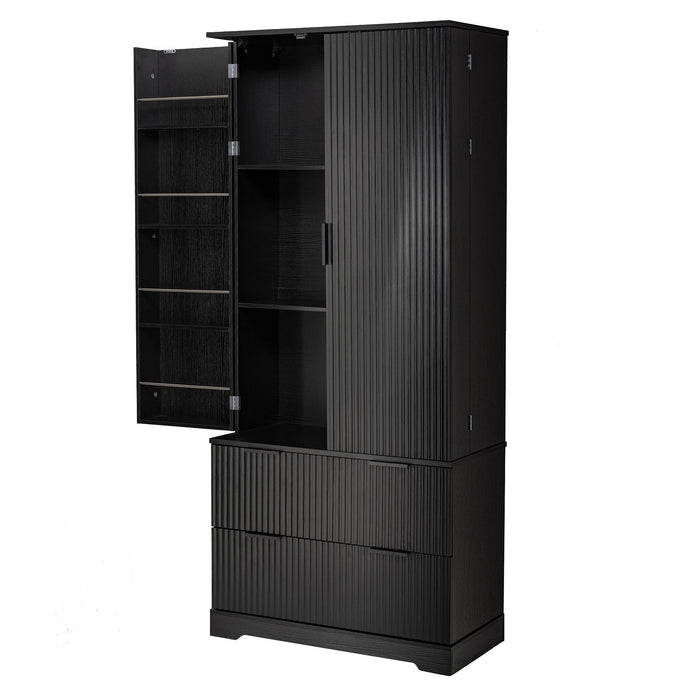 Fluted Kitchen Pantry Cabinet With 2 Large Drawers & 8 Door Spice Rack