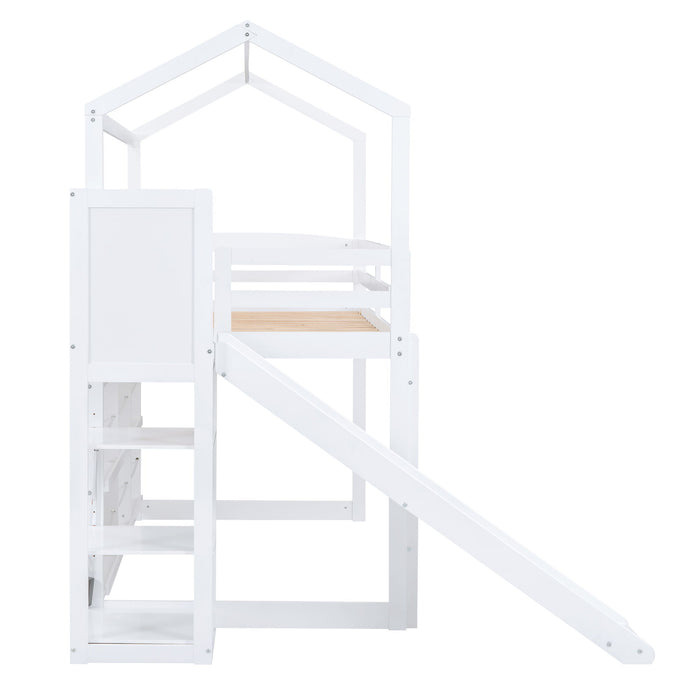 House Loft Bed With Slide, Storage Shelves And Light, Climbing Ramp
