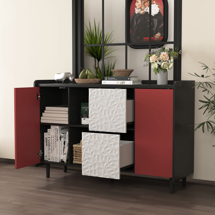 Modern Sideboard Buffet Cabinet With Red Doors And Unique Panel Styling