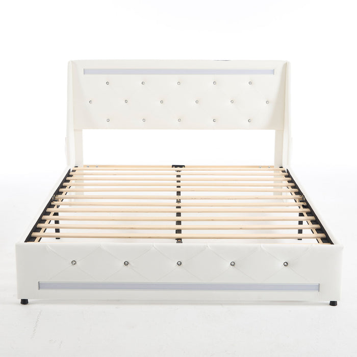 Wingback Upholstered Bed Frame With LED Lights, Charging Station