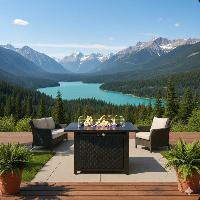 Outdoor 2 In 1 Propane Fire Pit Table With Lid & Glass Shield, Rectangular Fire Table, Lava Rock & Cover - Black