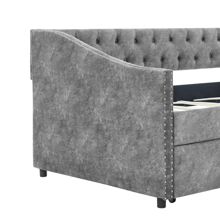 Upholstered Tufted Daybed With 2 Drawers, Waved Arms