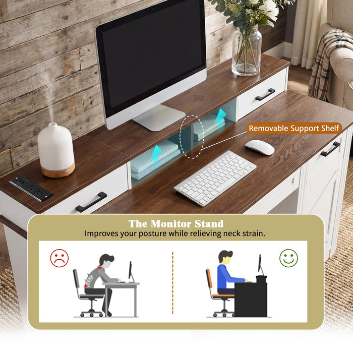 Office Desk With Storage Cabinet, Charging Station, Monitor Stand & Pegboard