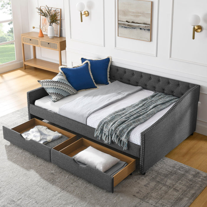 Upholstered Tufted Daybed With 2 Drawers, Waved Arms