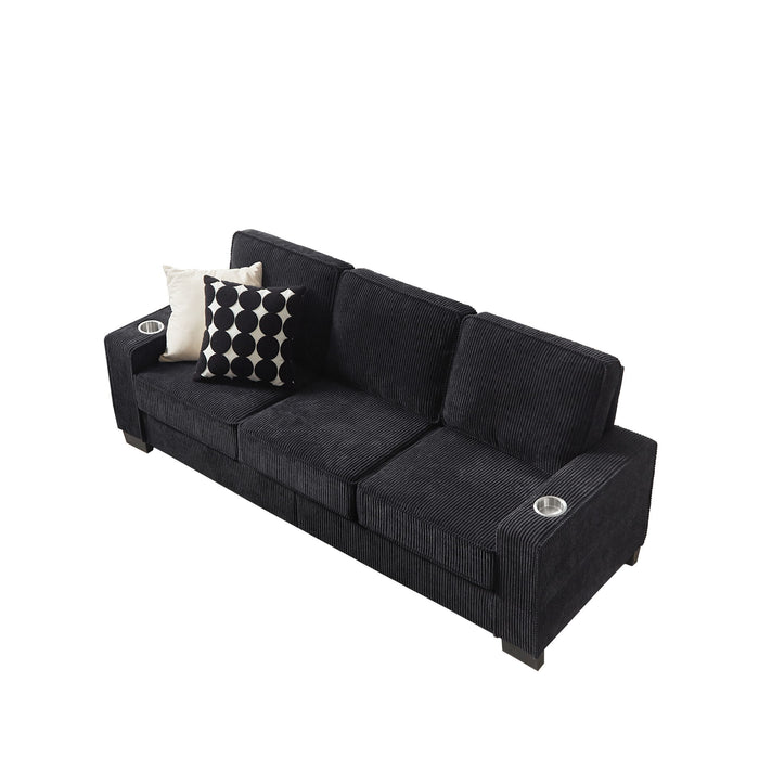 Modern Corduroy Fabric Sofa, 3 Seater Compressed Couch With Cup Holders