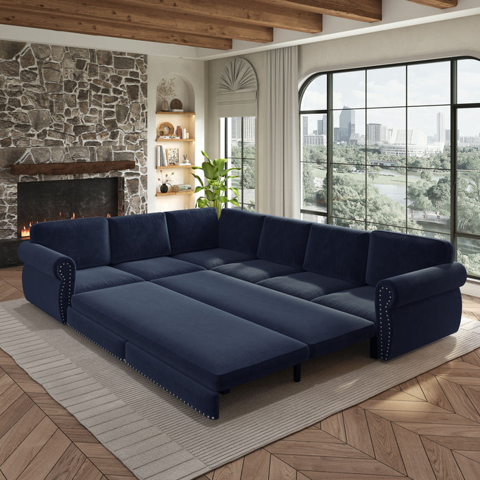 L-Shaped Sofa Couch With Pull Out Bed With Nailhead Trim & Rolled Arm