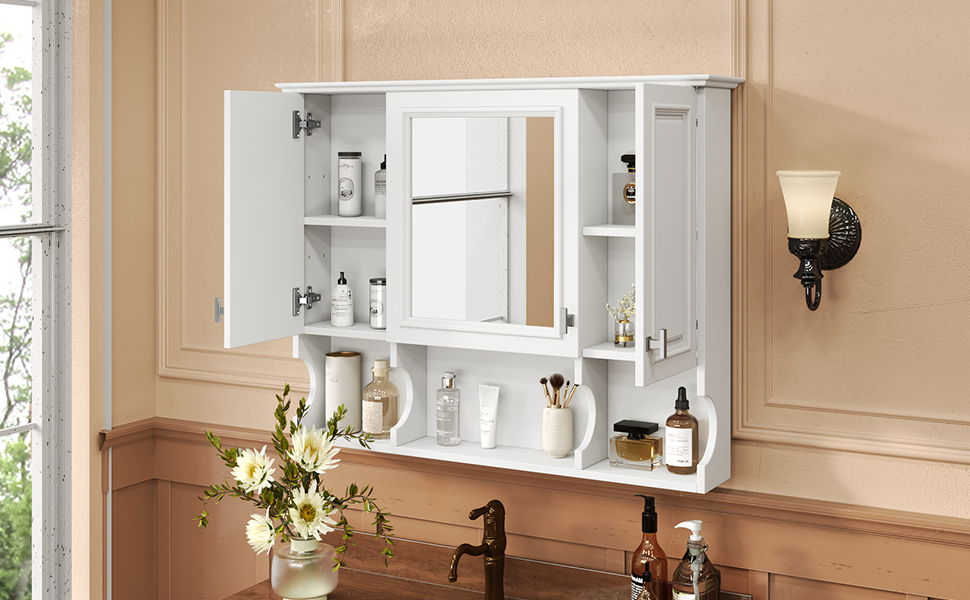 Wall Mounted Bathroom Medicine Wall Cabinet With Mirror & Open Shelves