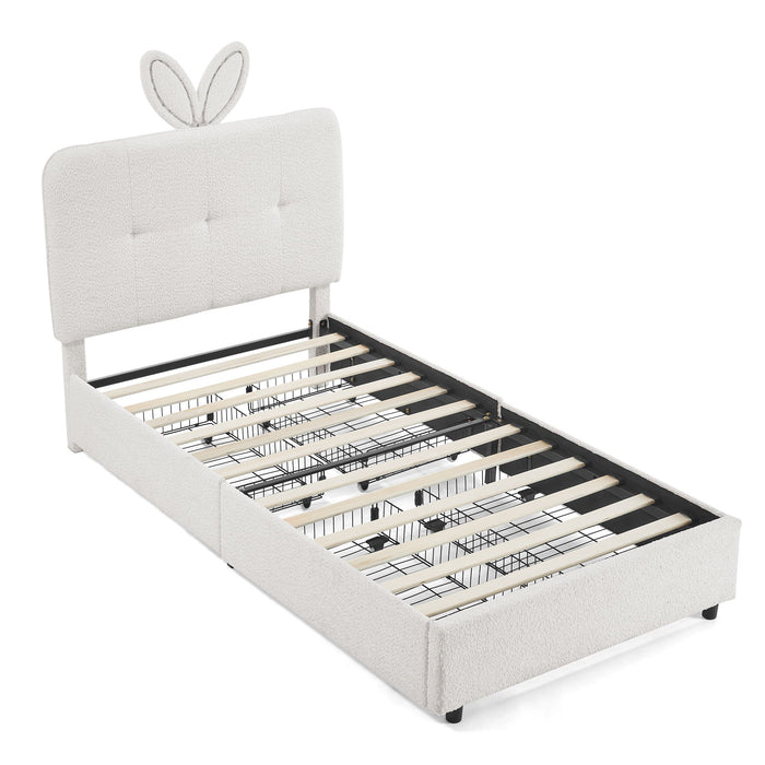Upholstered Bed With Oversized Rabbit Ear Headboard, LED Lights & 4 Storage Drawers