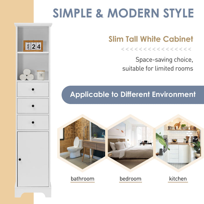 Tall Storage Cabinet With 3 Drawers And Adjustable Shelves For Bathroom