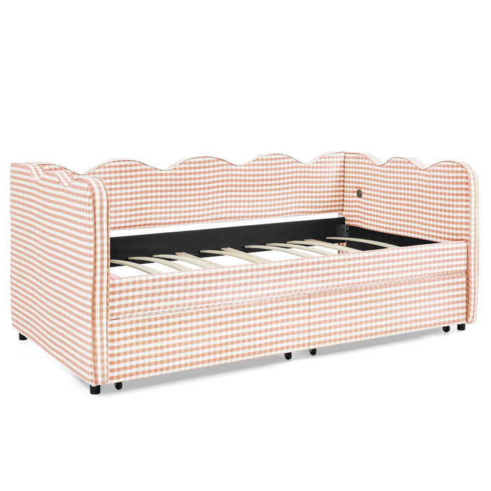 Gingham Daybed With USB Charging Port, Wave-Shaped Design