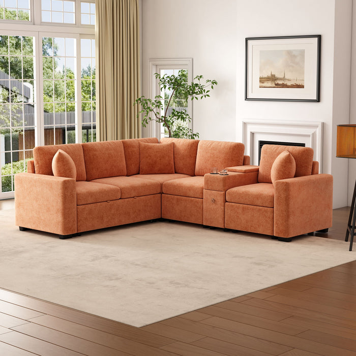 Contemporary L Shaped Convertible Sofa Bed With Pull Out Bed, Cup Holders, And Storage