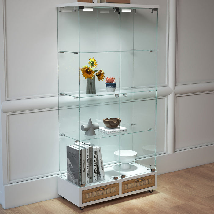 Glass Display Cabinet With LED Lights, Tempered Glass Doors, Large Drawers, 2 Door Storage Case With 4 Shelves - Natural / White