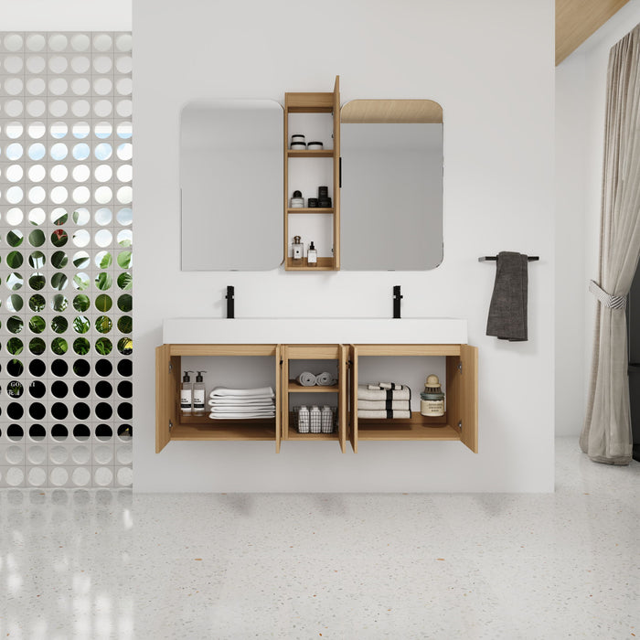 Floating Double Sink Bathroom Vanity Set With Tall Linen Cabinet, Extra Large Storage, Integrated Sink, Soft Close Doors - Glossy White / Light Oak