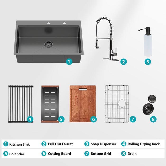 Drop In Kitchen Sink With Pull Out Faucet And Soap Dispenser, Single Bowl Topmount Sink - Gunmetal Black