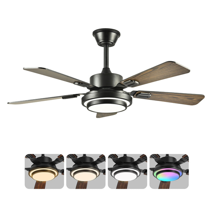 5 Blades Ceiling Fan With LED Light 3000 - 6500K Dimmable, 6 Speed Levels, Reversible Ceiling Fan - Matte Black