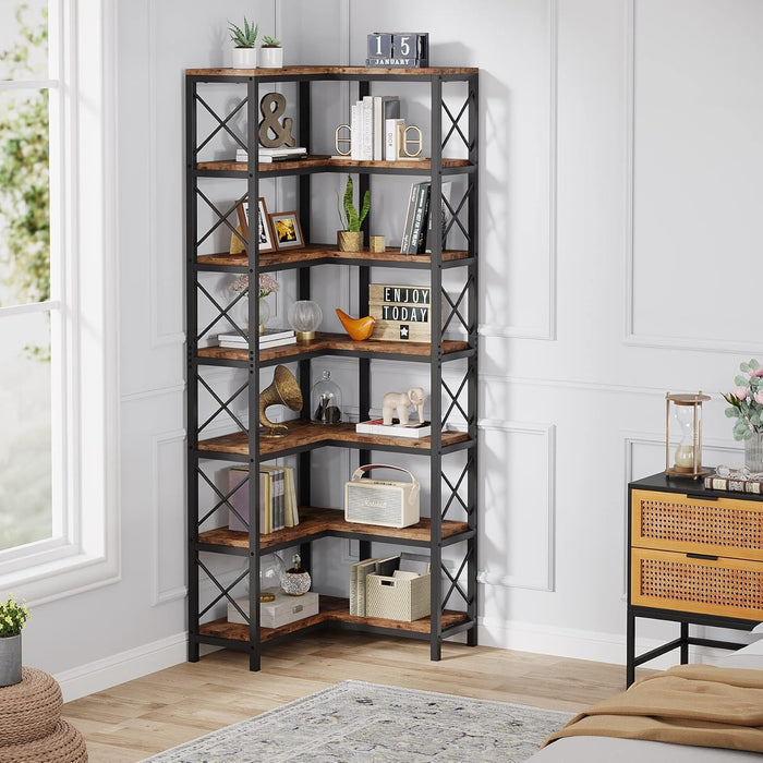 7 Tier Corner Bookshelf, Storage Unit For Living Room