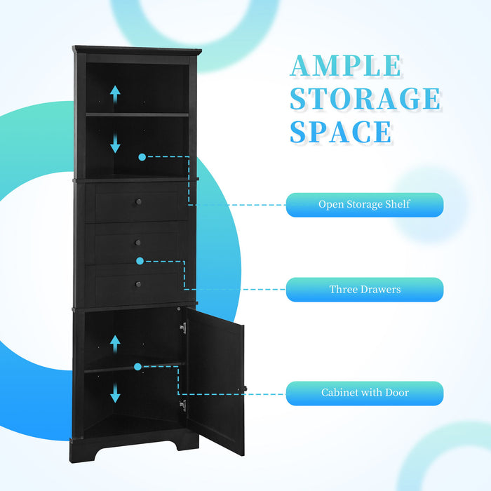 Tall Storage Cabinet With 3 Drawers And Adjustable Shelves For Bathroom