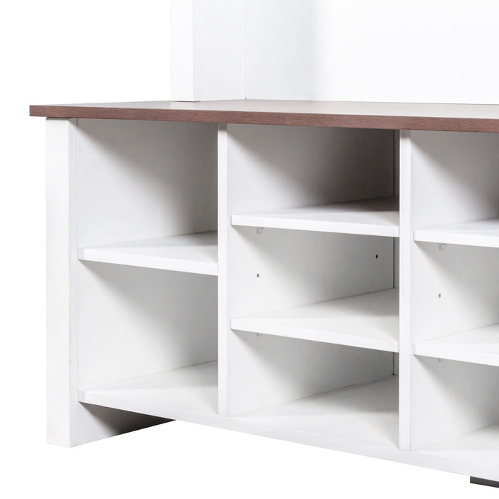 4 In 1 Hall Tree With 6 Hooks, Entryway Bench With Adjustable Shelves - White