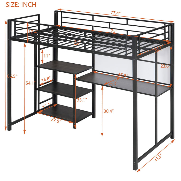 Metal Loft Bed With Desk, 3 Shelves And Ladder
