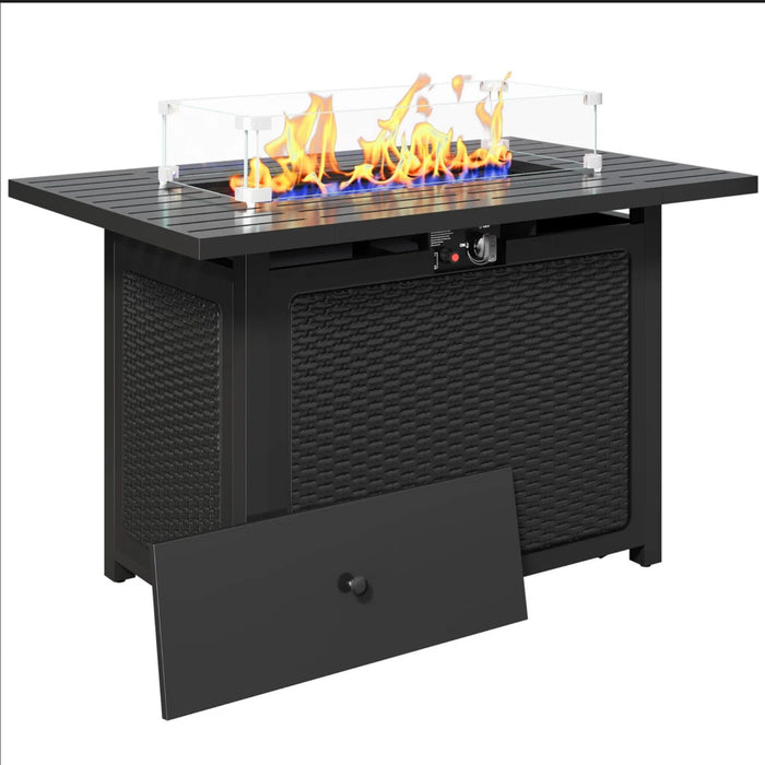 Outdoor 2 In 1 Propane Fire Pit Table With Lid & Glass Shield, Rectangular Fire Table, Lava Rock & Cover - Black