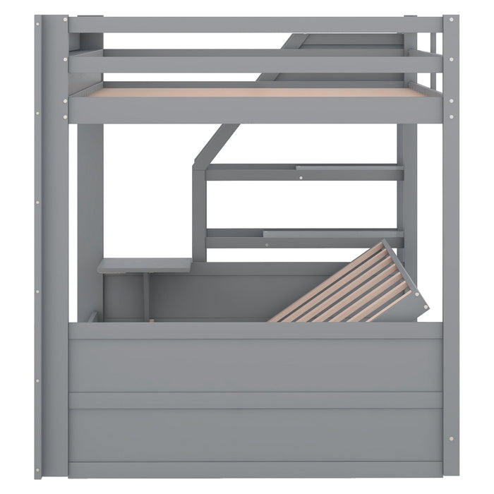 Wood Full Size Convertible Bunk Bed With Storage Staircase, Bedside Table, And 3 Drawers - Gray