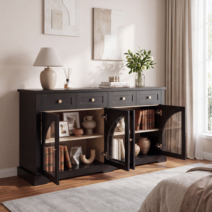 Sideboard Cabinet With 4 Drawers And 4 Arched Doors, Accent Storage Cabinet With Adjustable Shelves For Dining Room - Black