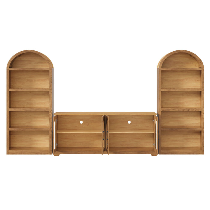 3 Piece TV Stand Set With Bookshelf With Arched Design For Living Room - Brown