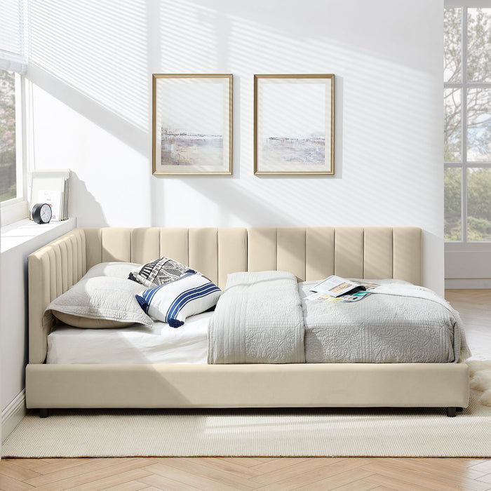 Mid-Century Upholstered Tufted Bed Frame With Backrest And Armrests