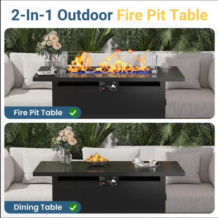 Outdoor 2 In 1 Gas Fire Pit Table With Lid & Glass Shield, Stainless Burner, Lava Rock, Rectangular Design - Black
