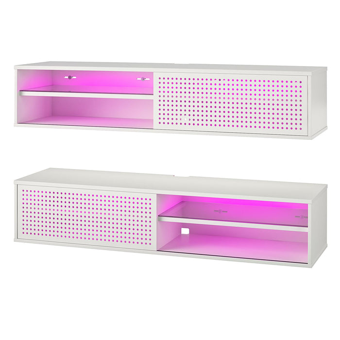 Glitch - Floating TV Stand For TVs Up To 60" With RGB Lighting And Sliding Door - White