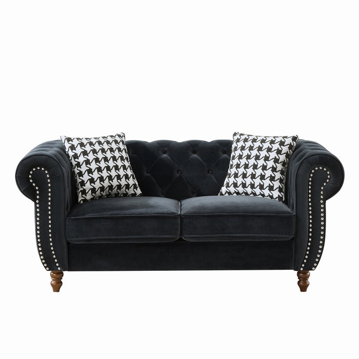 Chesterfield Velvet Upholstery Fabric Loveseat With Roll Armrest And Nailhead