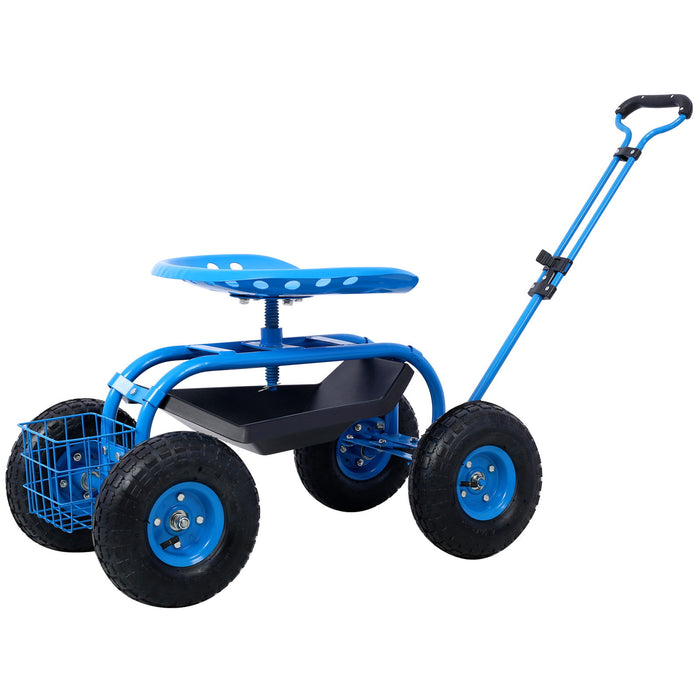 Rolling Garden Scooter Cart Seat With Wheels, 360 Swivel Seat, Tool Tray