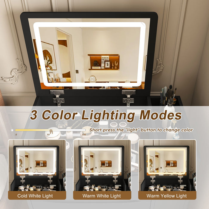 Flip Mirror Vanity Desk With Adjustable LED Lights & Stool For Bedroom