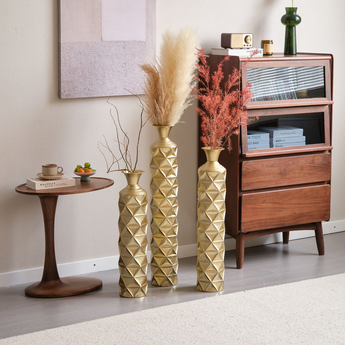 Metal Decorative Vase High Distress Metal Center Vase With 3D Triangle Pattern, (Set of 3) Vases For Home Decoration - Gold